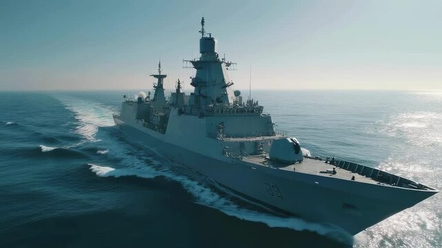 The frigate with its angular design and armed with missile launchers steams ahead of a diverse naval convoy composed of merchant ships and supply tankers their masts fluttering against
