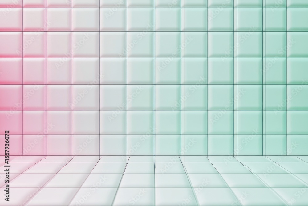 Poster empty corner formed by white square tiles with pink and green lighting creating a soft gradient effe