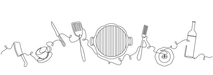 Horizontal cooking utensils pattern. Background with cooking utensils and breakfast utensils. Continuous drawing style. Vector illustration