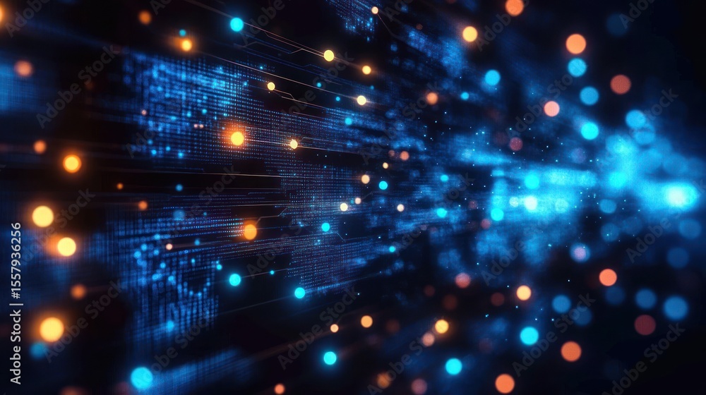 Poster abstract digital data streams with glowing blue and orange light particles representing futuristic t
