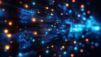 Obraz premium Abstract digital data streams with glowing blue and orange light particles representing futuristic technology and information flow in a dark space