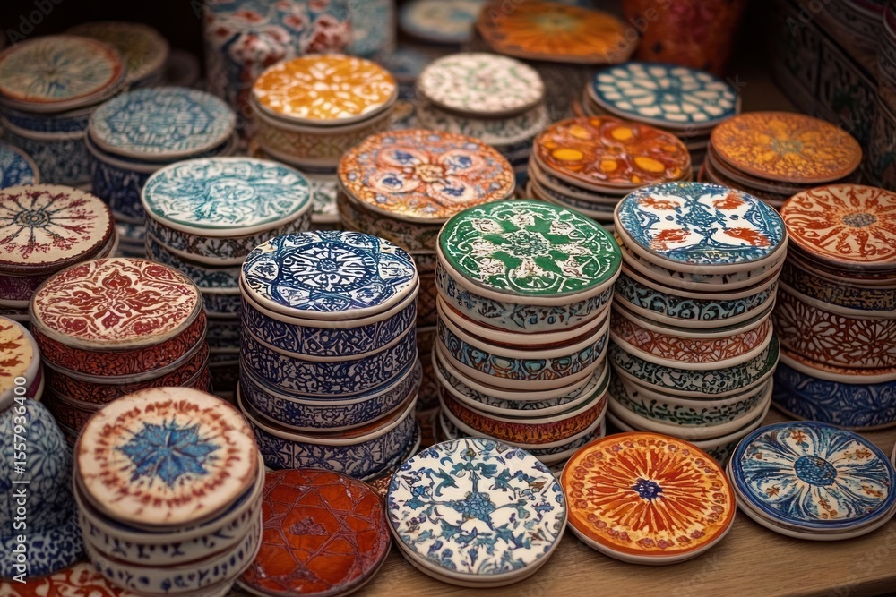 Poster stacks of round decorative ceramic containers with colorful intricate patterns arranged on a wooden 