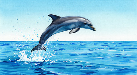 Obraz premium Watercolor painting of a dolphin jumping over ocean waves with bright blue tones and dynamic sea splashes