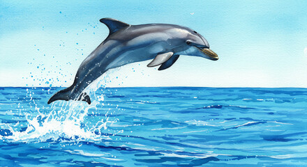 Fototapeta premium Watercolor painting of a dolphin jumping over ocean waves with bright blue tones and dynamic sea splashes