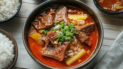 Delicious Spicy Beef Stew with Vegetables and Rice on a Wooden Table