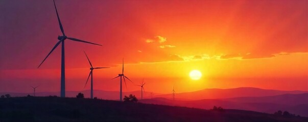 Wind Turbines Silhouetted Against Vibrant Sunset, Hazy Orange Glow, Clean Energy, Environmental Impact