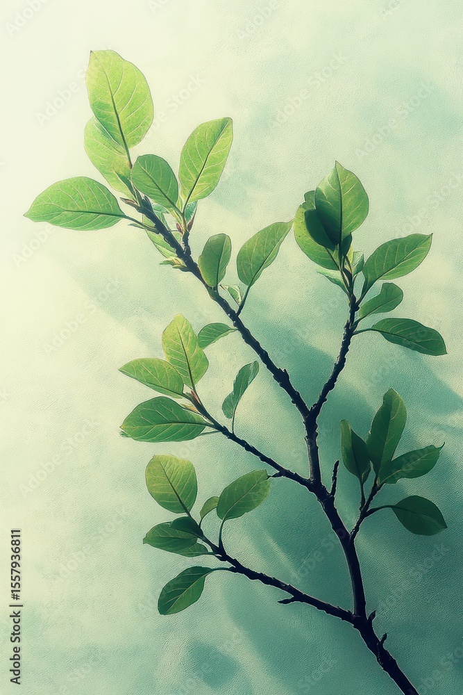 Aufkleber close-up of a green leafy branch with multiple leaves casting shadows on a light textured background