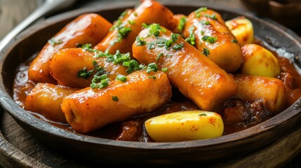 Delicious Spicy Rice Roll Dish with Herb Garnish on Wooden Plate