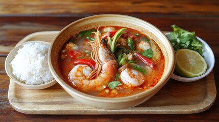 Delicious Spicy Shrimp Soup with Rice and Fresh Ingredients