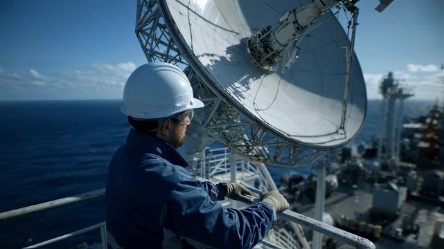 A visual of a technician performing maintenance on a satellite communication antenna mounted on the ships deck illustrating the importance of satellite connectivity for GMDSS operations