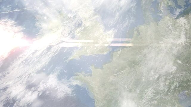 Earth zoom in from space and focus on Havant, England, South East England, Great Britain. Background for travel intro or blog. Satellite view. 3D style Animation. Images from NASA.