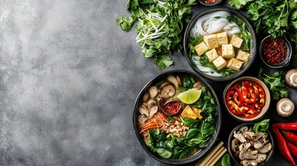 Fresh Ingredients for Asian Noodle Soup Preparation on Table