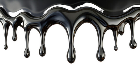 A mesmerizing close-up of glossy black liquid dripping, showcasing smooth, flowing contours and a deep sheen. The vivid contrast enhances its striking appearance.