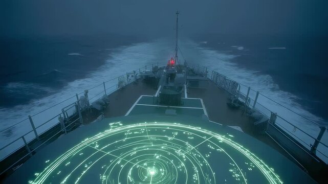A scene depicting a ship in a stormy sea showcasing the ships radar screen illuminated with blips indicating nearby vessels and obstacles highlighting the critical role of radar in