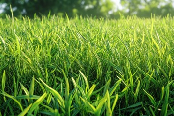 Fototapeta premium Close-up of lush green grass blades in bright sunlight with soft background of trees suggesting a fresh and vibrant natural environment