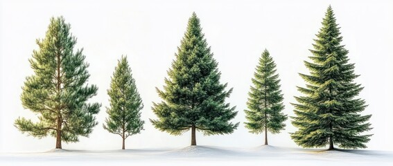 Obraz premium five different pine trees standing spaced apart on a snowy plain under bright natural light with clear white background
