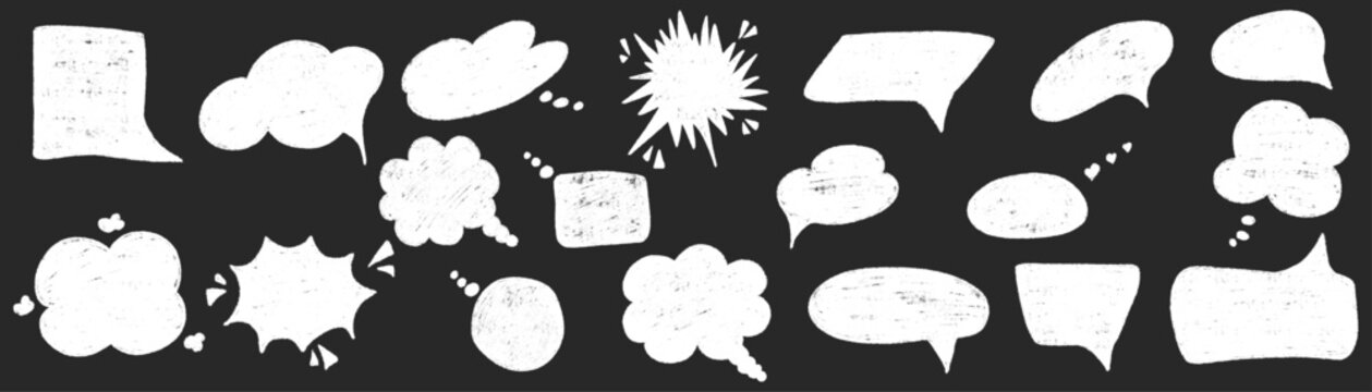 Pastel chalk textured speech bubbles set. Different blank chat empty dialog balloon. Comic cloud bubble shapes. Hand drawn grunge pencil doodle conversation message icon. Vector illustration isolated