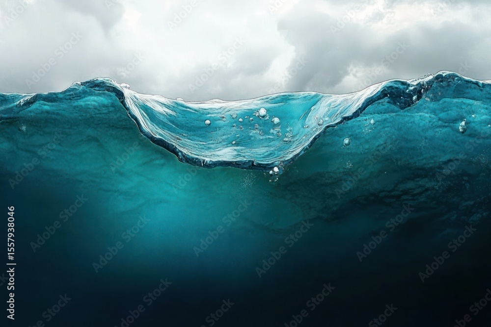 Poster close-up view of a dynamic ocean wave with visible bubbles under moody cloudy sky