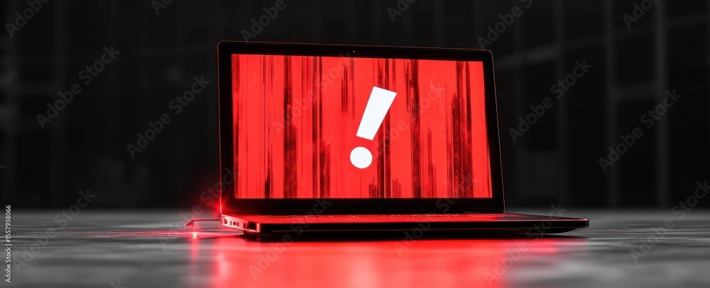 Poster black laptop on dark surface displaying a bright red screen with a large white exclamation mark symb