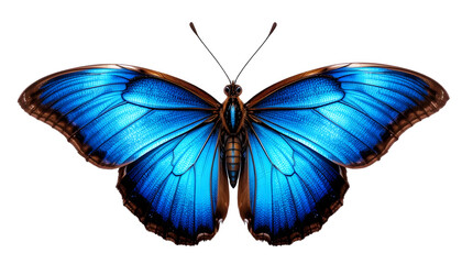 Obraz premium Dazzling blue butterfly presents intricate wing patterns against a stark black backdrop, accentuating its vibrant colors and delicate form, transparent background