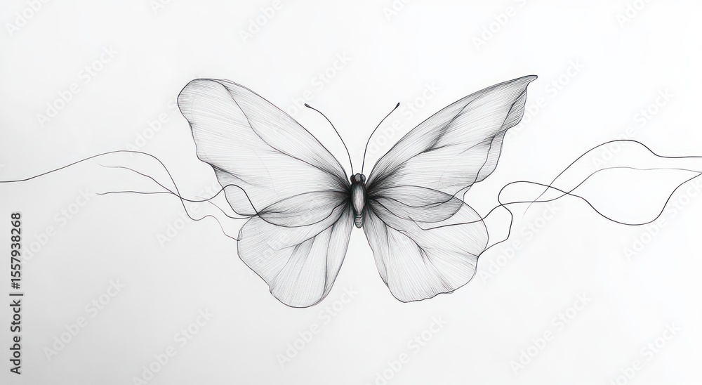 Poster delicate monochrome sketch of a large butterfly with finely detailed wings and flowing abstract line