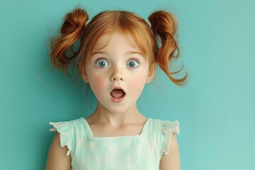 Surprised red-haired young girl with freckles and blue eyes wearing a light blue dress against a turquoise background