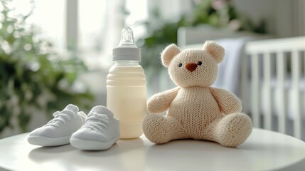 Soft knitted teddy bear, baby bottle filled with milk, and pair of white baby shoes arranged on a white table in a bright nursery setting