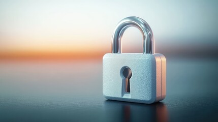 Fototapeta premium A silver and gray padlock standing upright on a reflective surface with a soft gradient background of warm and cool tones during sunset or sunrise