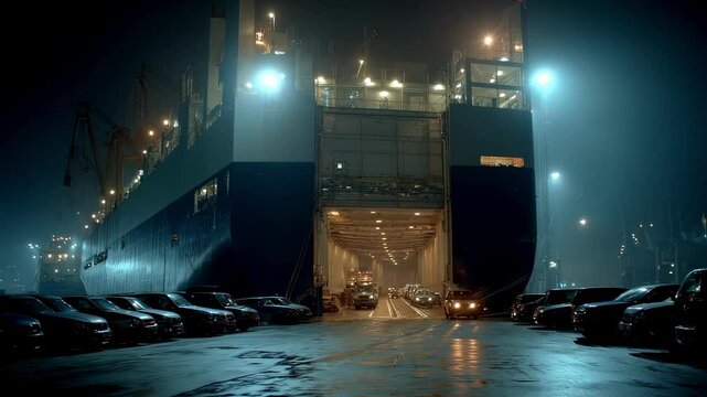 A nighttime scene where floodlights illuminate the vehicle carrier revealing the shipment of cars being unloaded as they gleam in the artificial light against a dark sky.