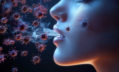 Close-up of a person's face exhaling virus particles representing airborne transmission in a dark, moody atmosphere