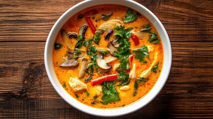 Delicious Thai Coconut Soup with Fresh Herbs and Colorful Vegetables
