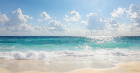 Fototapeta premium Calm ocean waves gently rolling onto a sandy beach under a bright blue sky with scattered fluffy white clouds