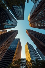 Looking up at tall modern skyscrapers with glass and steel facades surrounding an open blue sky during golden hour with warm sunlight reflecting off the buildings and trees at the base