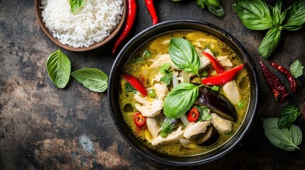 Delicious Thai Green Curry with Chicken, Rice, and Fresh Basil