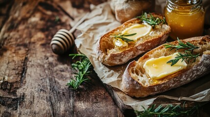 Freshly Toasted Bread with Butter and Honey on Wooden Table