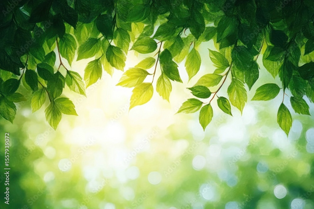 Poster sunlight shining through fresh green leaves hanging from tree branches with a soft blurred green bac