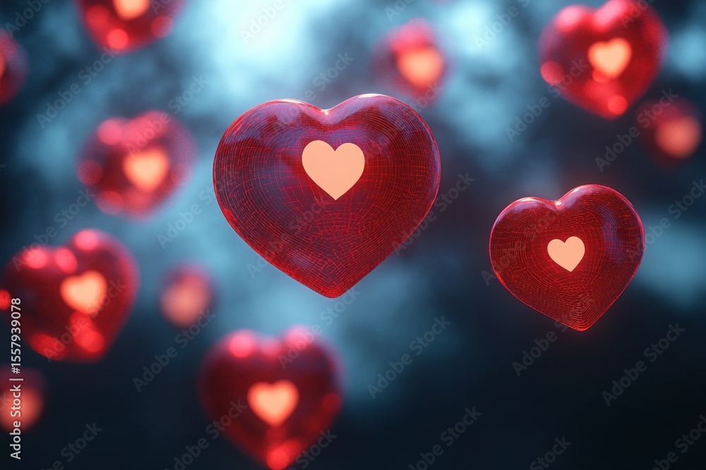 Poster glowing red heart shapes with inner smaller hearts floating in a soft blue misty background conveyin