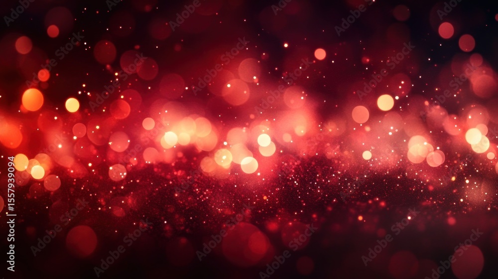 Poster glowing red and orange bokeh lights with sparkling particles creating a warm, festive, and magical a