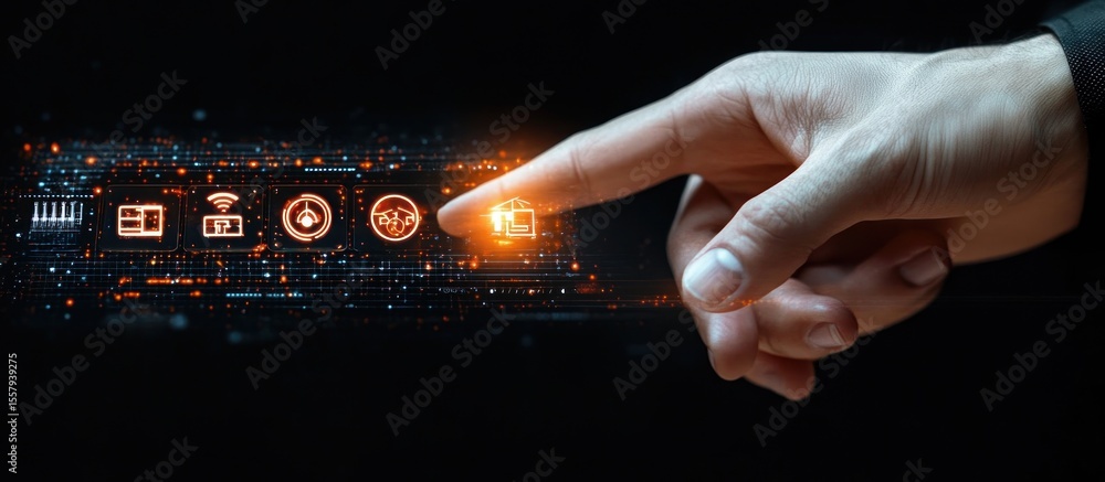 Poster close-up of a hand interacting with a digital holographic interface displaying smart home and techno