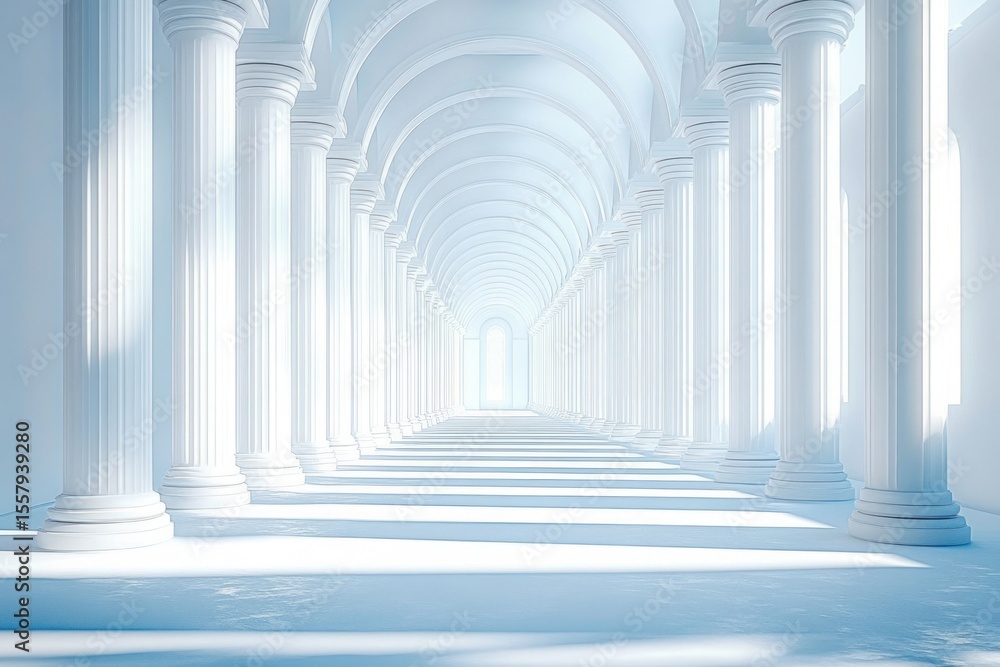 Poster bright long corridor with symmetrical white classical columns casting shadows and arched ceiling cre