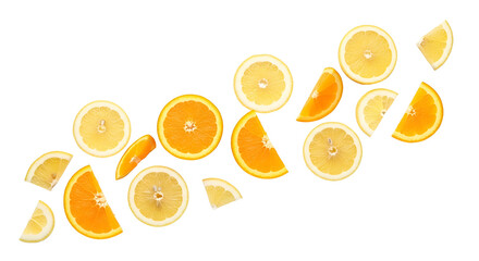 An overhead shot of sliced lemons and oranges scattered on transparent background