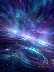 A breathtaking sci-fi dark horizon viewed as if moving forward at the speed of light, with vibrant, ethereal trails stretching into the distance. The scene is filled with intricate, glowing particles