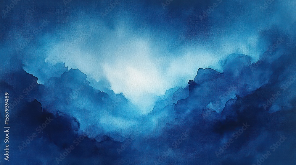 Poster misty blue mountain landscape with layers of soft clouds and fog creating a serene and mysterious at
