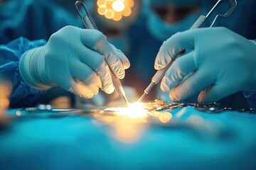 Close-up of surgeons' gloved hands performing a detailed surgical procedure under bright operating room lights