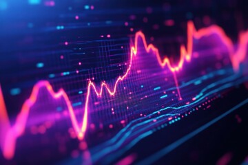 Colorful digital graph with fluctuating neon pink and blue lines representing data trends on a dark background
