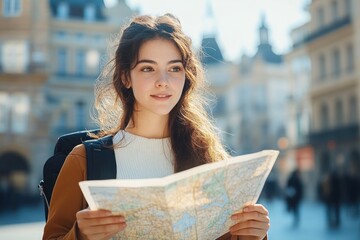 Young woman with backpack exploring city streets holding a map during sunny day with historic buildings in the background