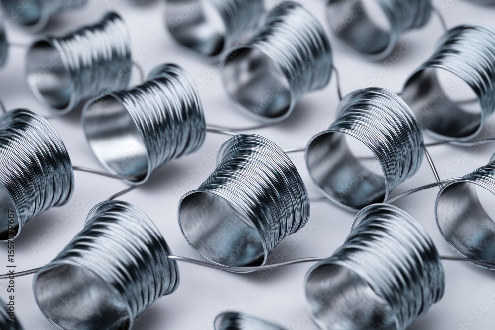 Poster close-up view of multiple shiny metal wire coils arranged randomly on a light surface, showcasing th