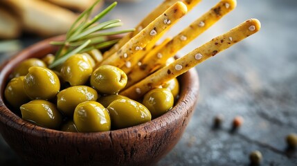 Green olives and breadsticks arranged in a rustic wooden bowl