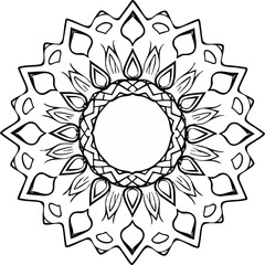 Intricate black and white mandala design with ornamental geometric circular pattern.