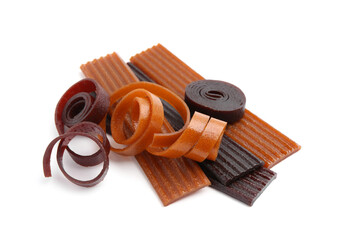 Different delicious fruit leather on white background
